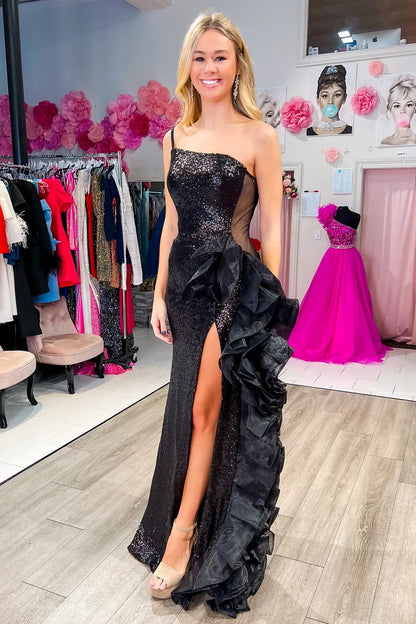 One-Shoulder Sequin Mesh Ruffle Prom Dress with Slit