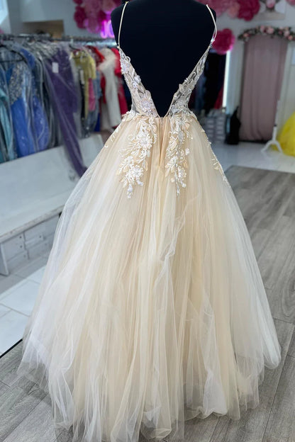 A-Line Spaghetti Strap Long Prom Dress With Tulle Applique