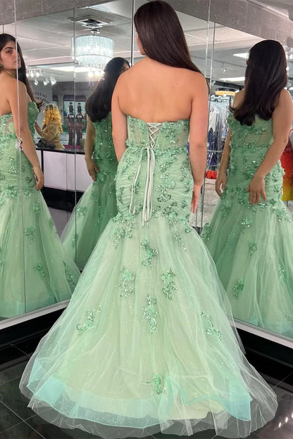 Strapless Mermaid Long Prom Dresses With Applique