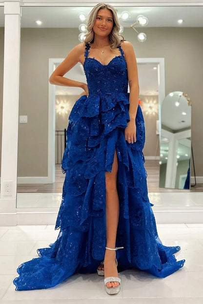 Ruffle Tiered Long Prom Dress With Tulle Sequin