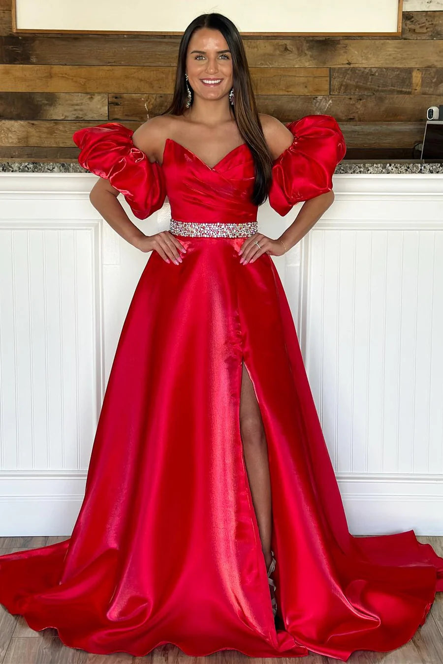 Strapless Belt Prom Dress with Detachable Sleeves