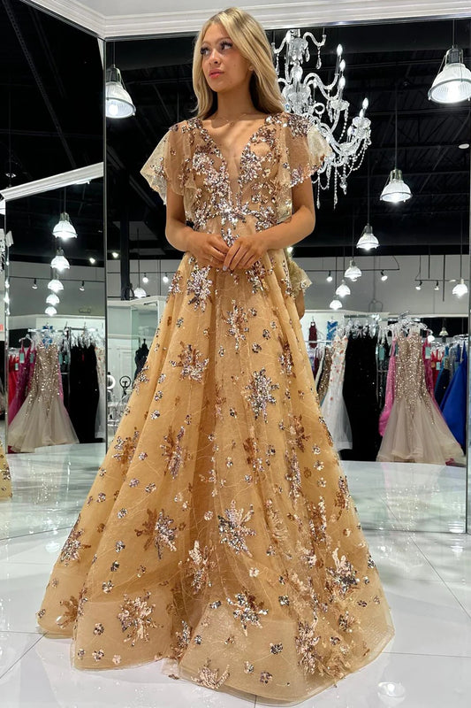 Applique Sleeve Long Prom Dress  With Tulle Sequin