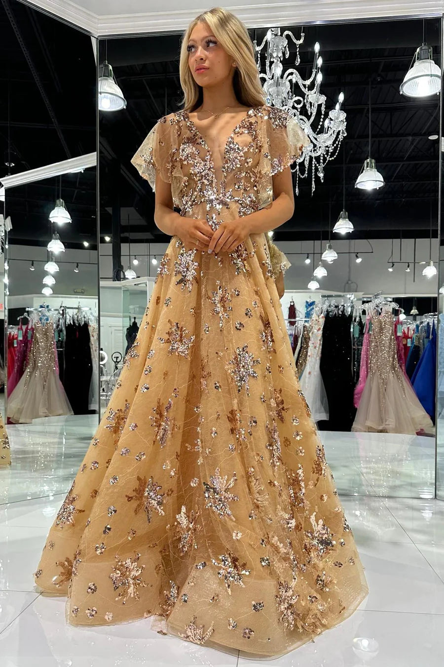 Applique Sleeve Long Prom Dress  With Tulle Sequin