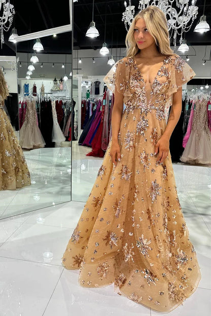 Applique Sleeve Long Prom Dress  With Tulle Sequin