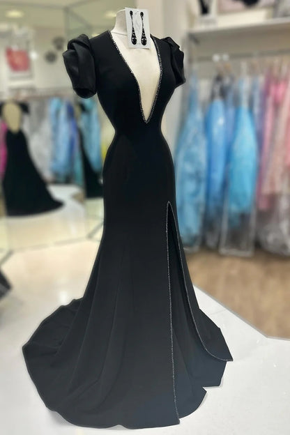 Deep V Puff Sleeve Mermaid Prom Dress