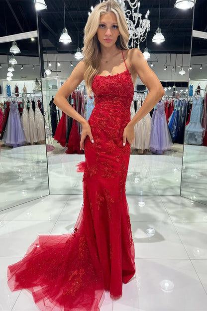 Scoop Neck Lace-Up Mermaid Prom Dress With Applique