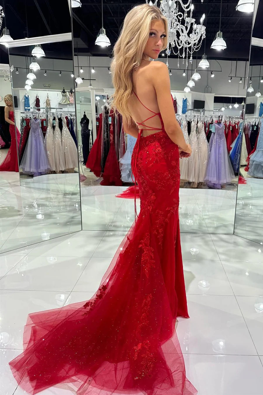 Scoop Neck Lace-Up Mermaid Prom Dress With Applique