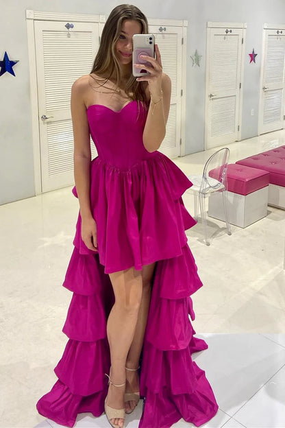 Strapless Ruffle Tiered High-Low Prom Dress