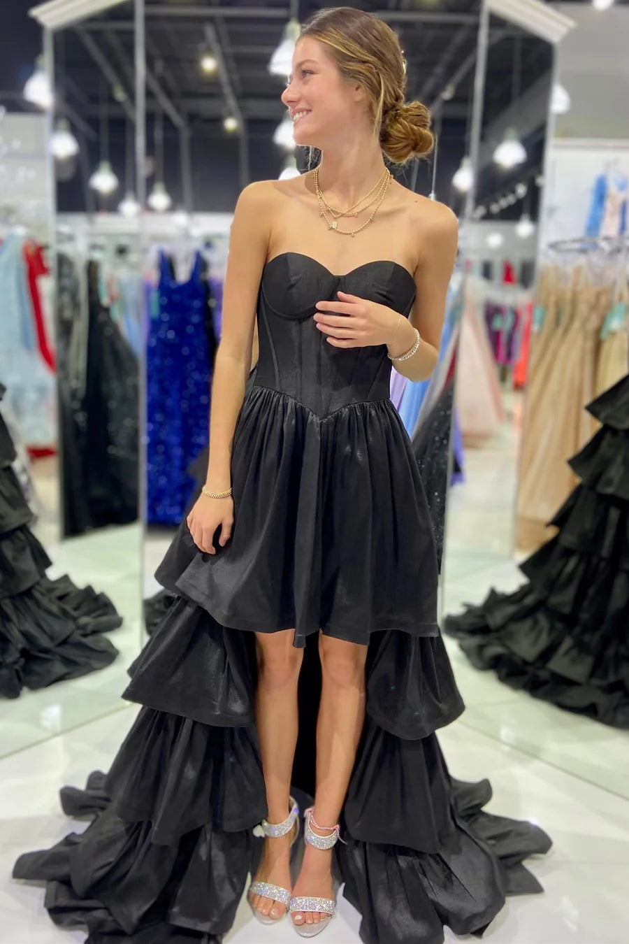 Strapless Ruffle Tiered High-Low Prom Dress