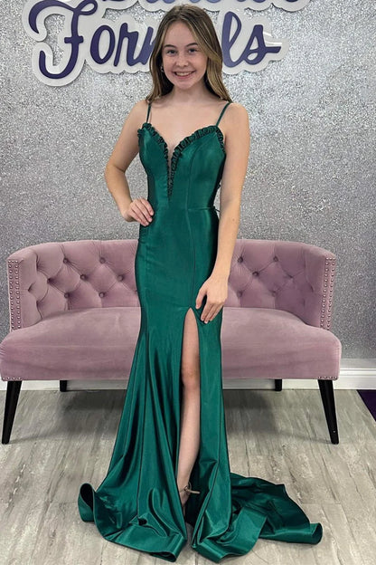 Lace-Up Back Ruffle Mermaid Prom Dress with Slit