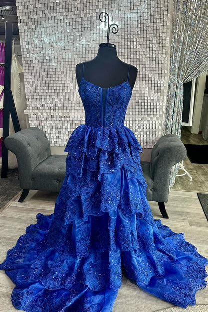 Tulle Sequin Spaghetti Strap Ruffle Tiered Prom Dress with Slit ﻿