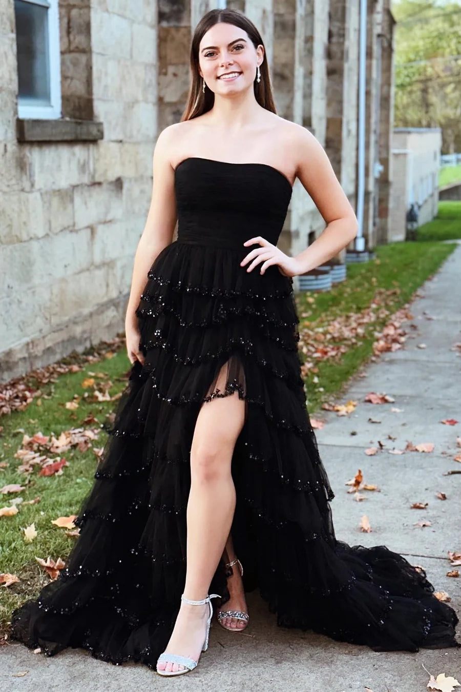 Tulle Strapless Ruffle Beaded Prom Dress with Slit