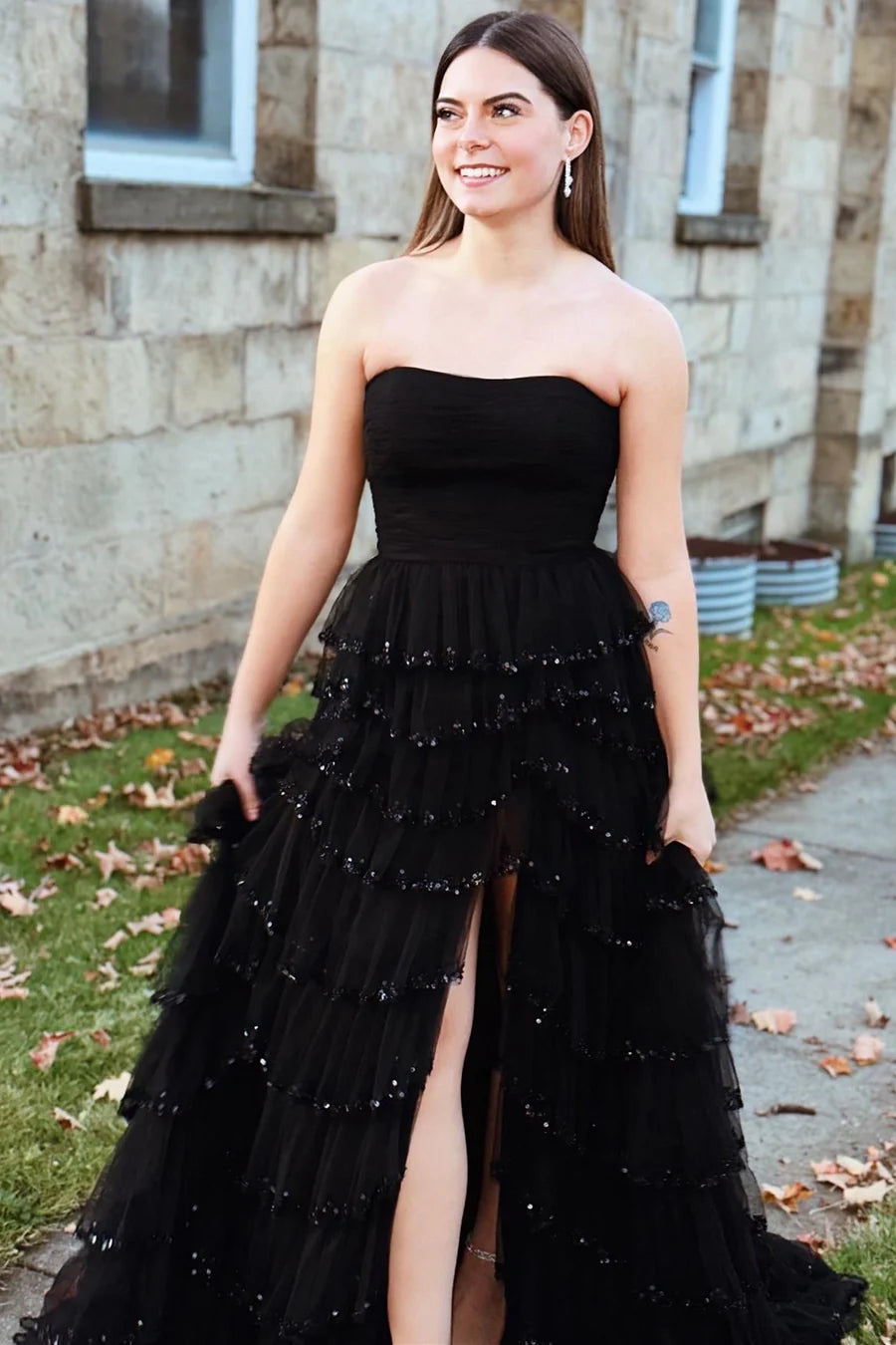 Tulle Strapless Ruffle Beaded Prom Dress with Slit