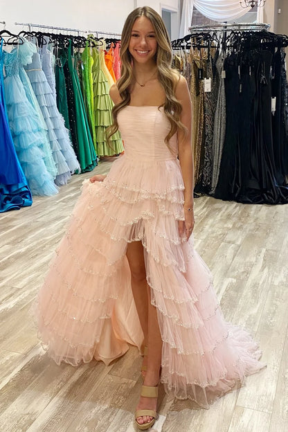 Tulle Strapless Ruffle Beaded Prom Dress with Slit