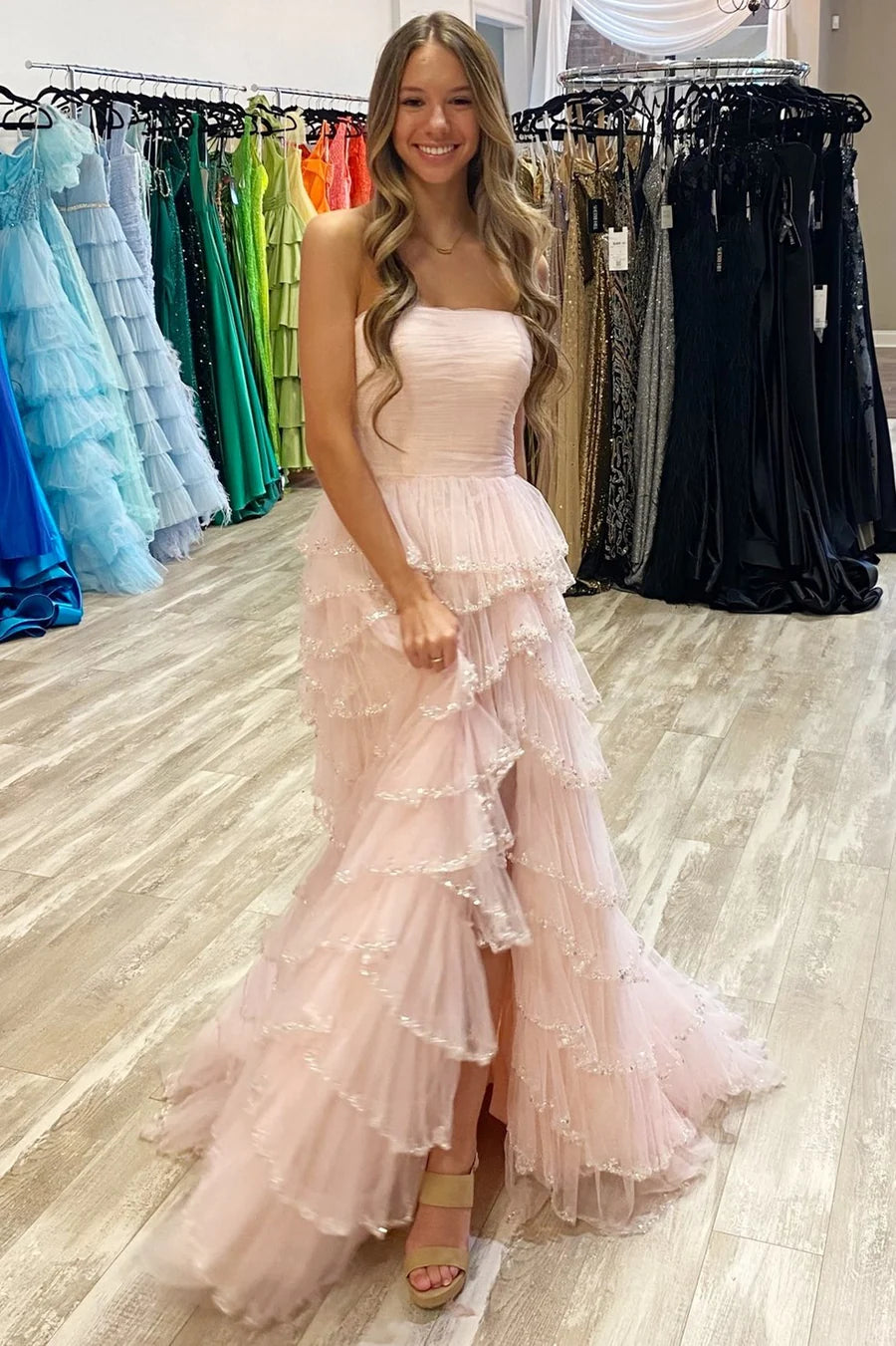 Tulle Strapless Ruffle Beaded Prom Dress with Slit