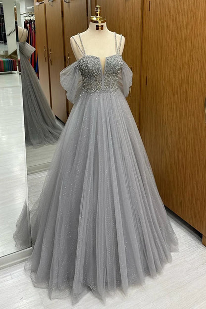 A-Line Tulle Beaded Long Prom Dress