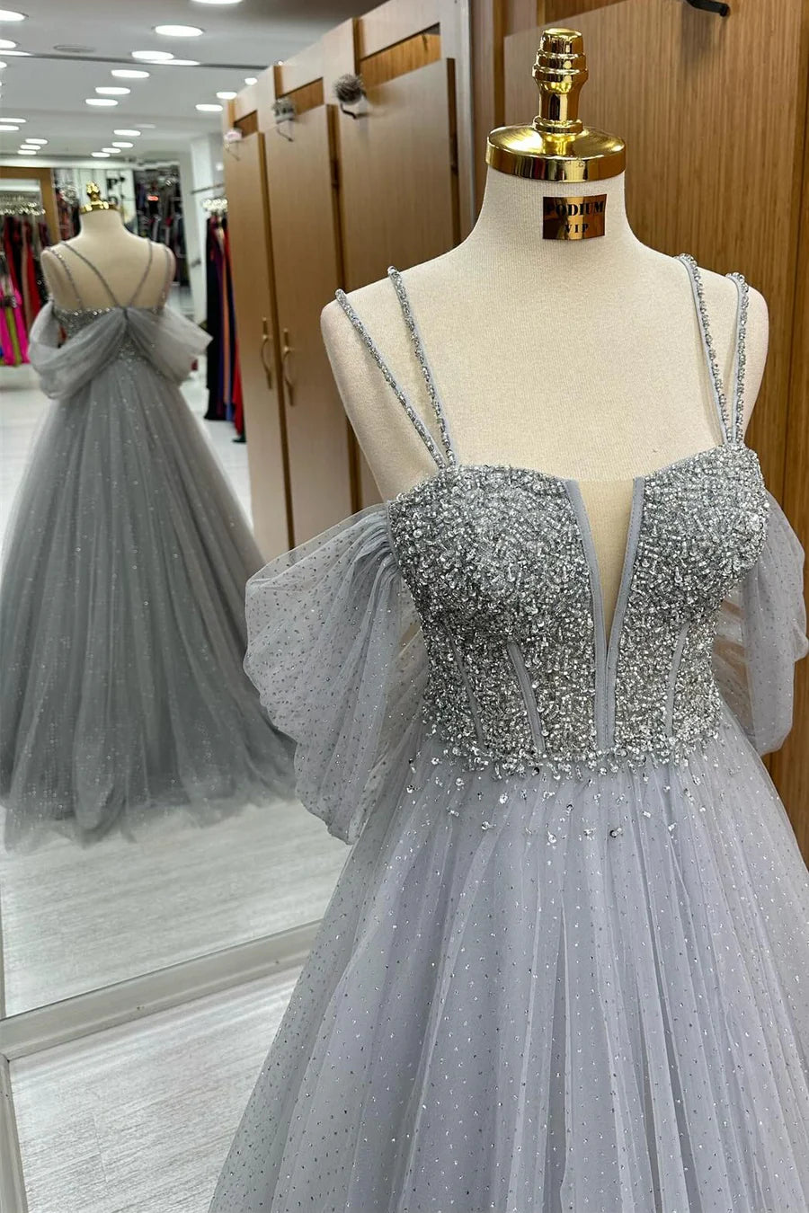 A-Line Tulle Beaded Long Prom Dress