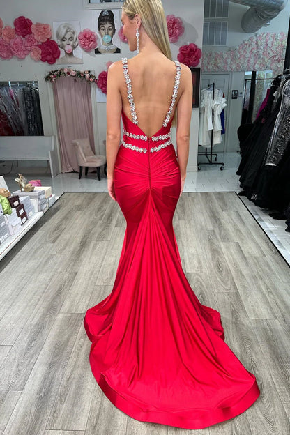 Open Back Beaded Mermaid Prom Dress