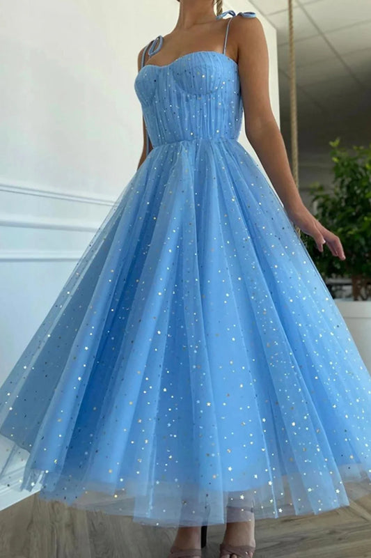 A-Line Blue Spaghetti Strap Tulle Short Prom Dresses