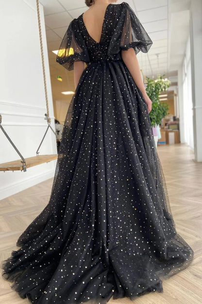 Black Tulle Long A-Line V-Neck Short Sleeve Prom Dresses