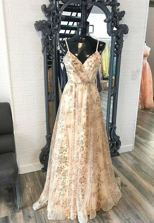 A-Line Champagne V-Neck Sequins Long Prom Dresses