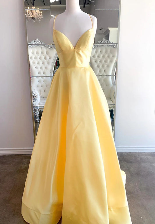 A-Line Backless Yellow Satin Long Prom Dresses