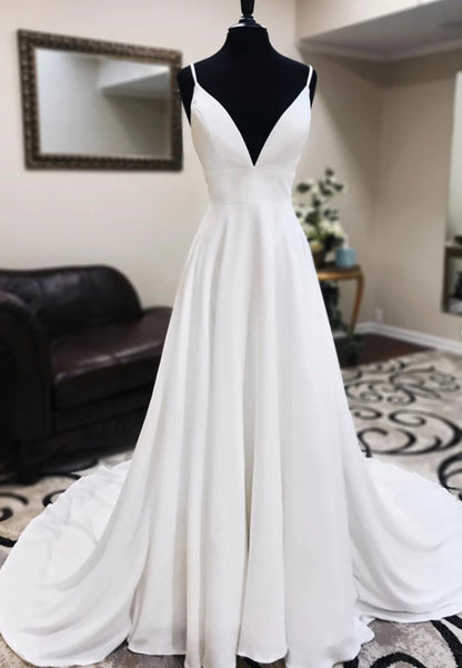 A-Line Lace White V-Neck Long Prom Dresses