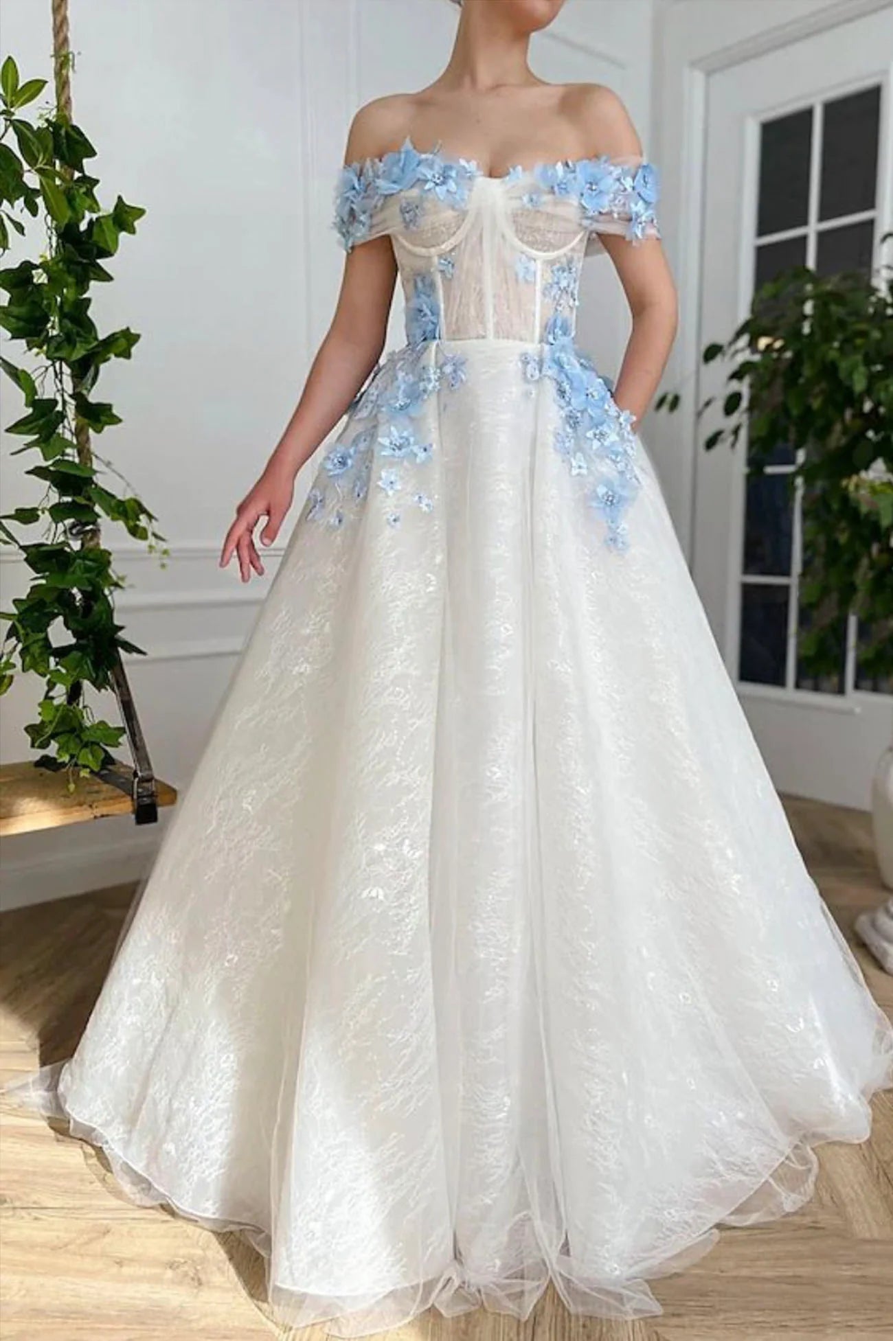 Off the Shoulder White Tulle Long A-Line Prom Dress