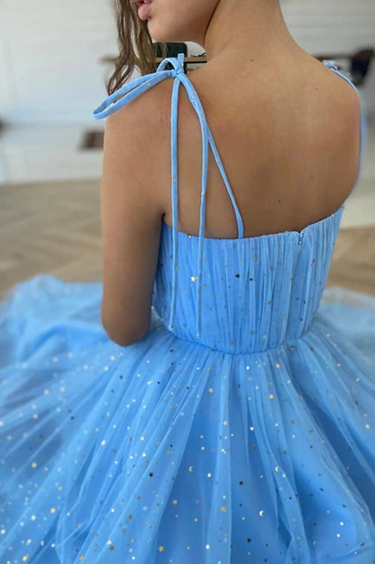 A-Line Blue Spaghetti Strap Tulle Short Prom Dresses