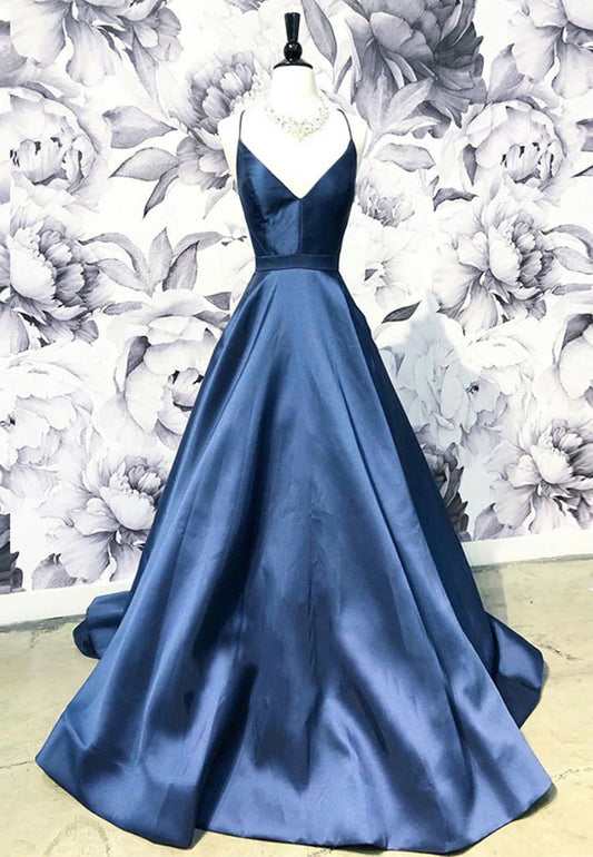 Simple V-Neck Blue Satin Long A-Line Prom Dress