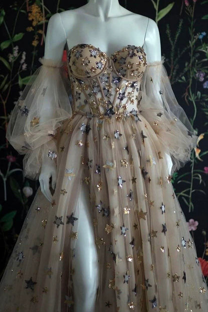 Off the Shoulder Champagne Tulle Long Prom Dress With Stars