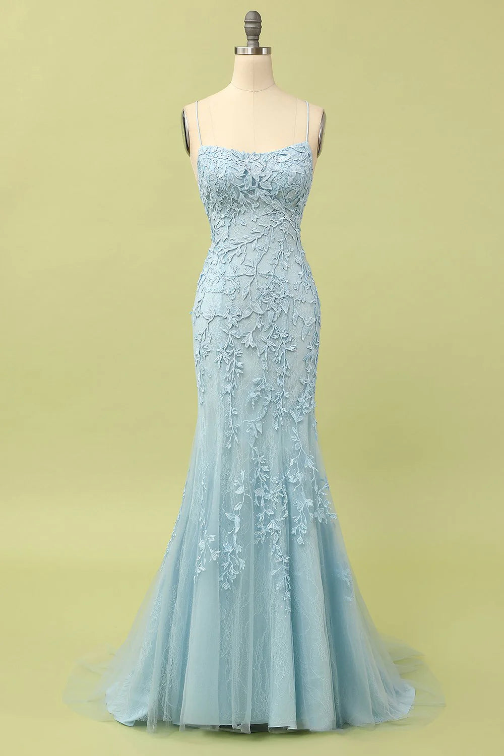 Mermaid Blue Long Prom Dress Backless With Applique