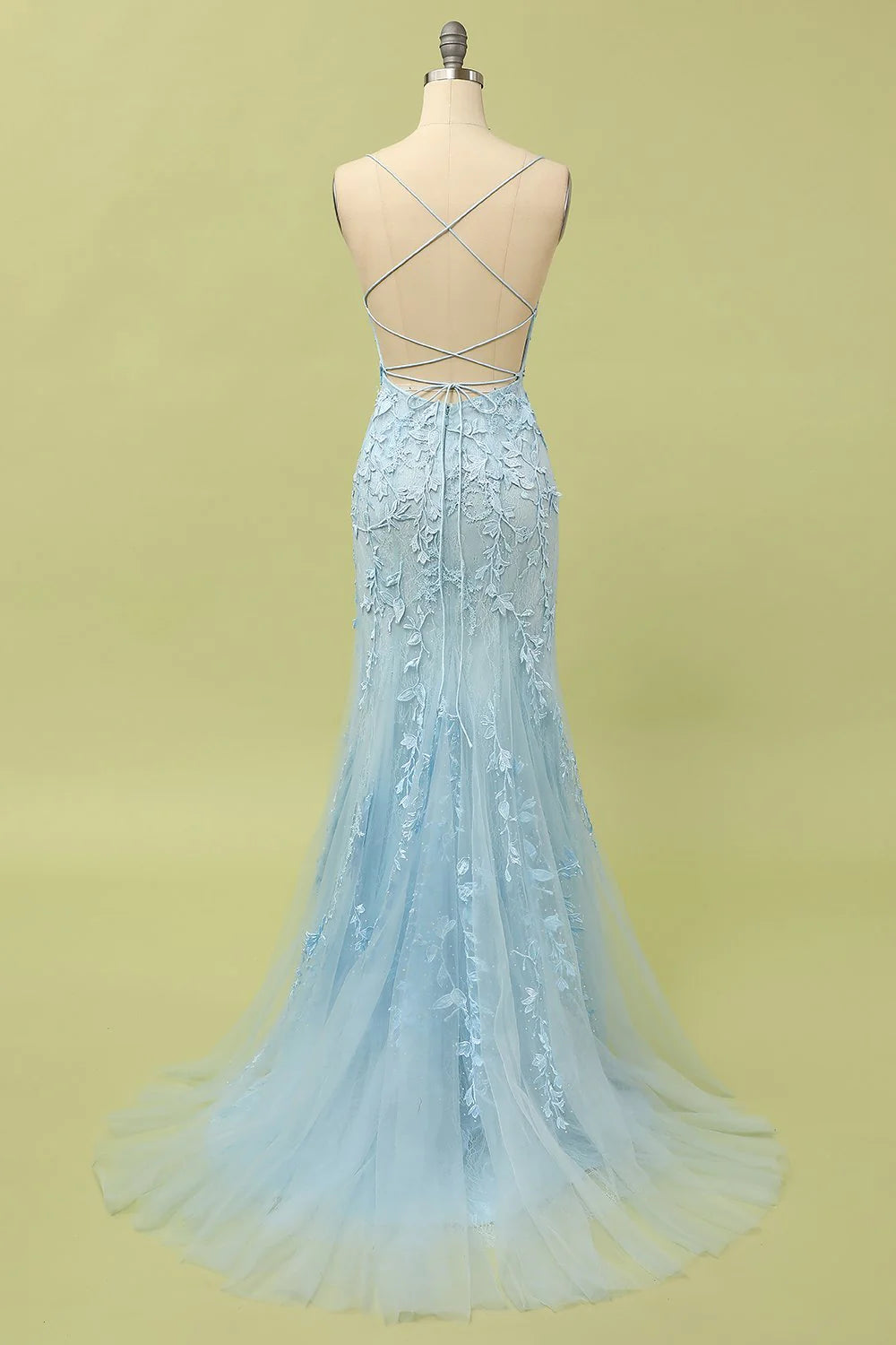 Mermaid Blue Long Prom Dress Backless With Applique