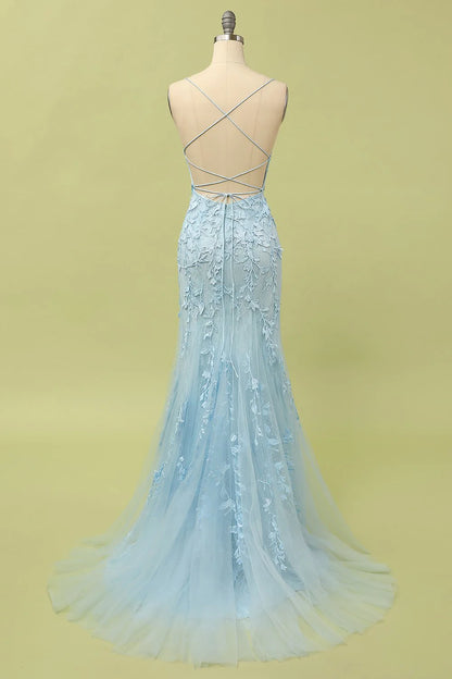 Mermaid Blue Long Prom Dress Backless With Applique