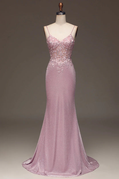 Glitter Blush Mermaid Spaghetti Straps Long Prom Dress