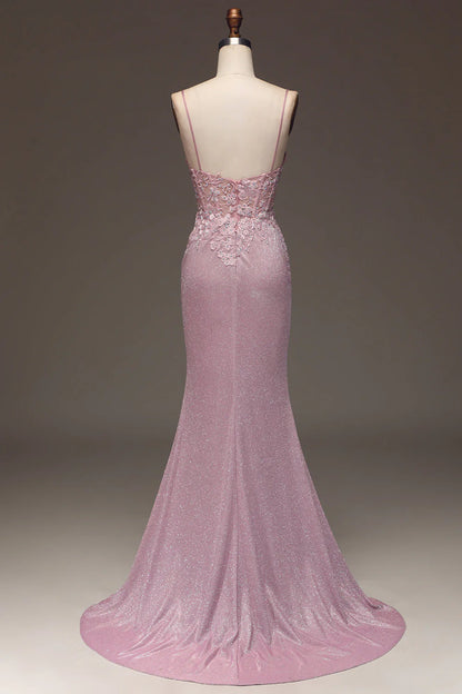 Glitter Blush Mermaid Spaghetti Straps Long Prom Dress