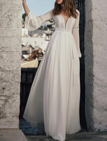 A-Line V-Neck Floor-Length Lace Wedding Dress