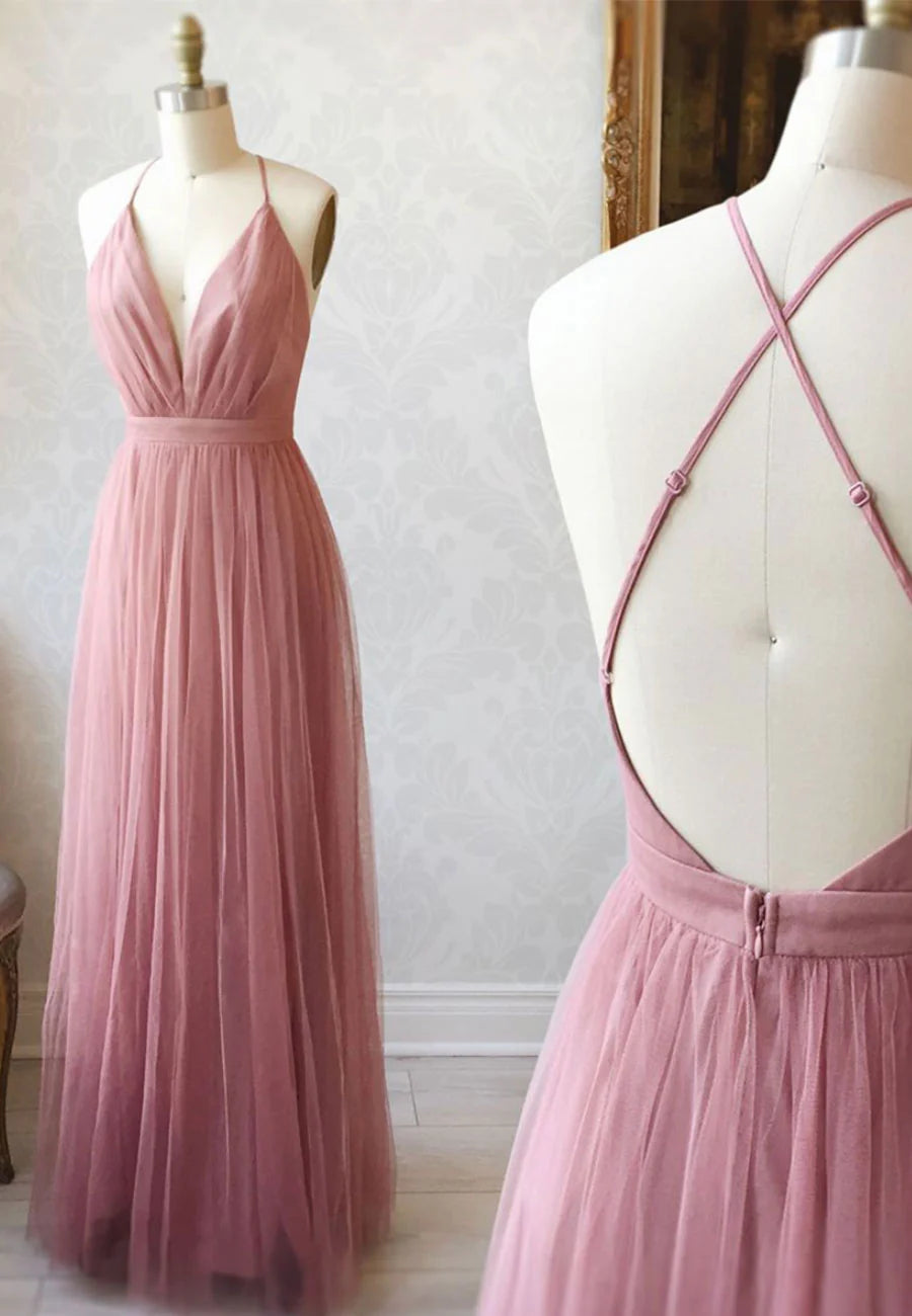 A Line Backless Simple Tulle Long Prom Dress