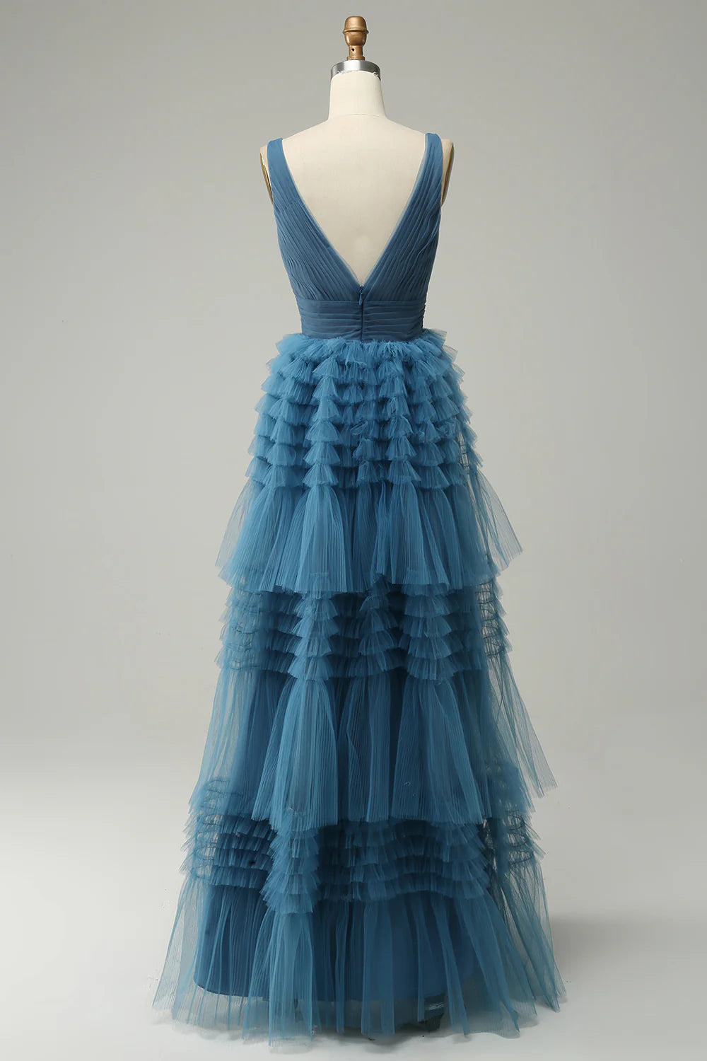 A Line Open Back V-Neck Blue Tiered Prom Dress