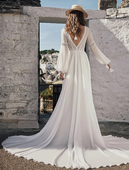 A-Line V-Neck Floor-Length Lace Wedding Dress