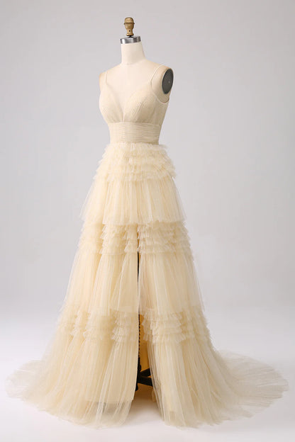 A Line Spaghetti Straps Tiered Prom Dress