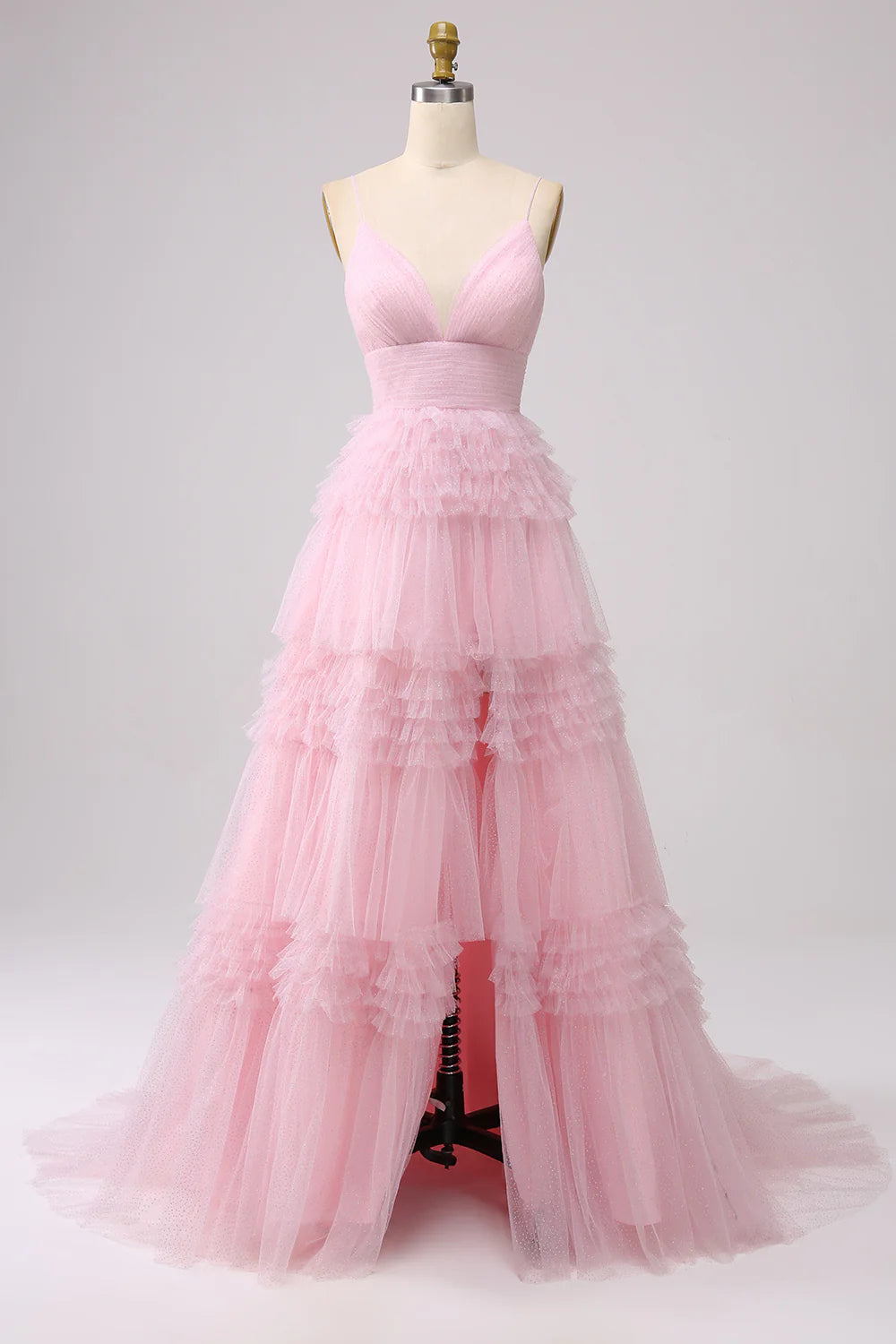 A Line Spaghetti Straps Tiered Prom Dress