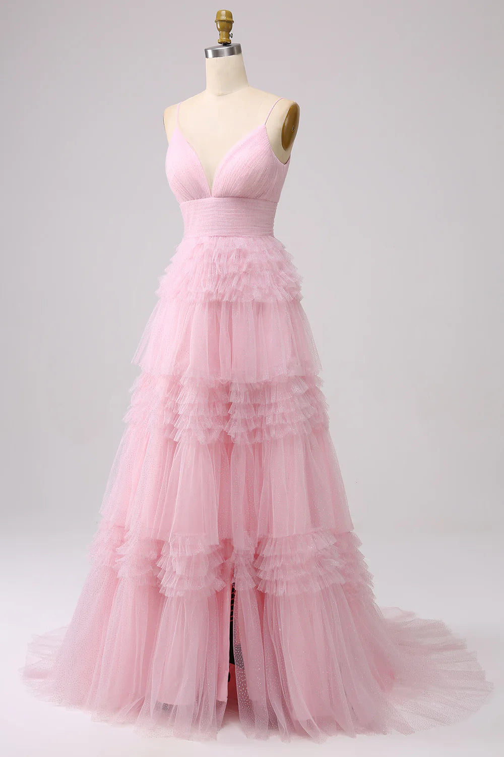 A Line Spaghetti Straps Tiered Prom Dress