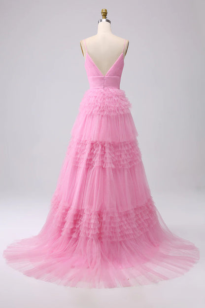 A Line Spaghetti Straps Tiered Prom Dress