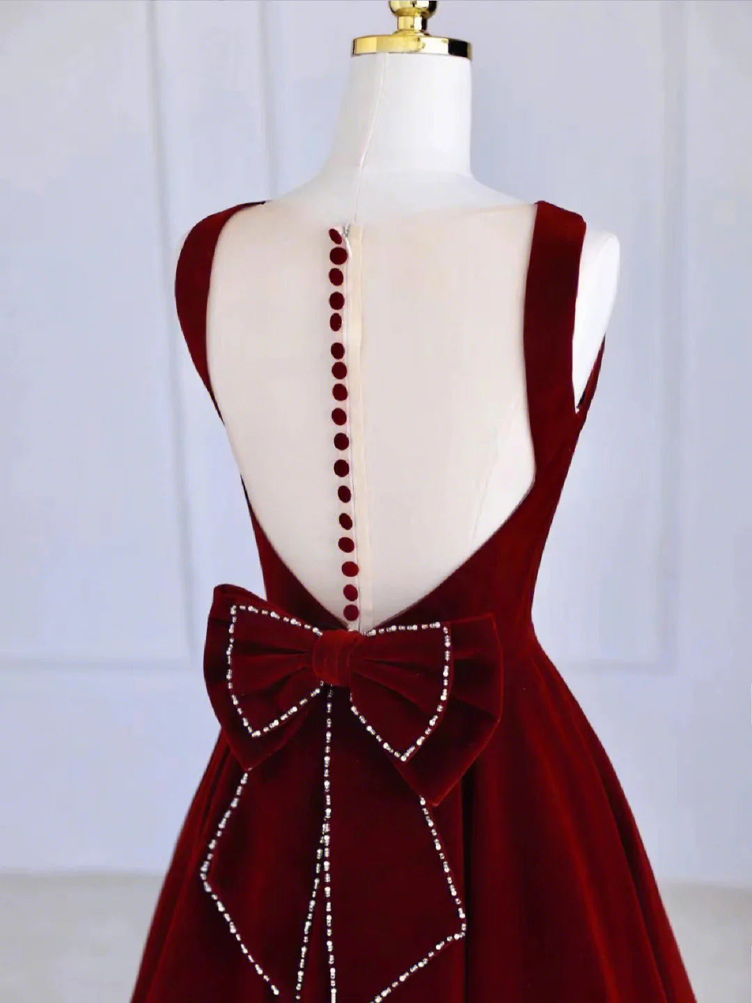 Burgundy Tea Length Prom Dress with Bowknot