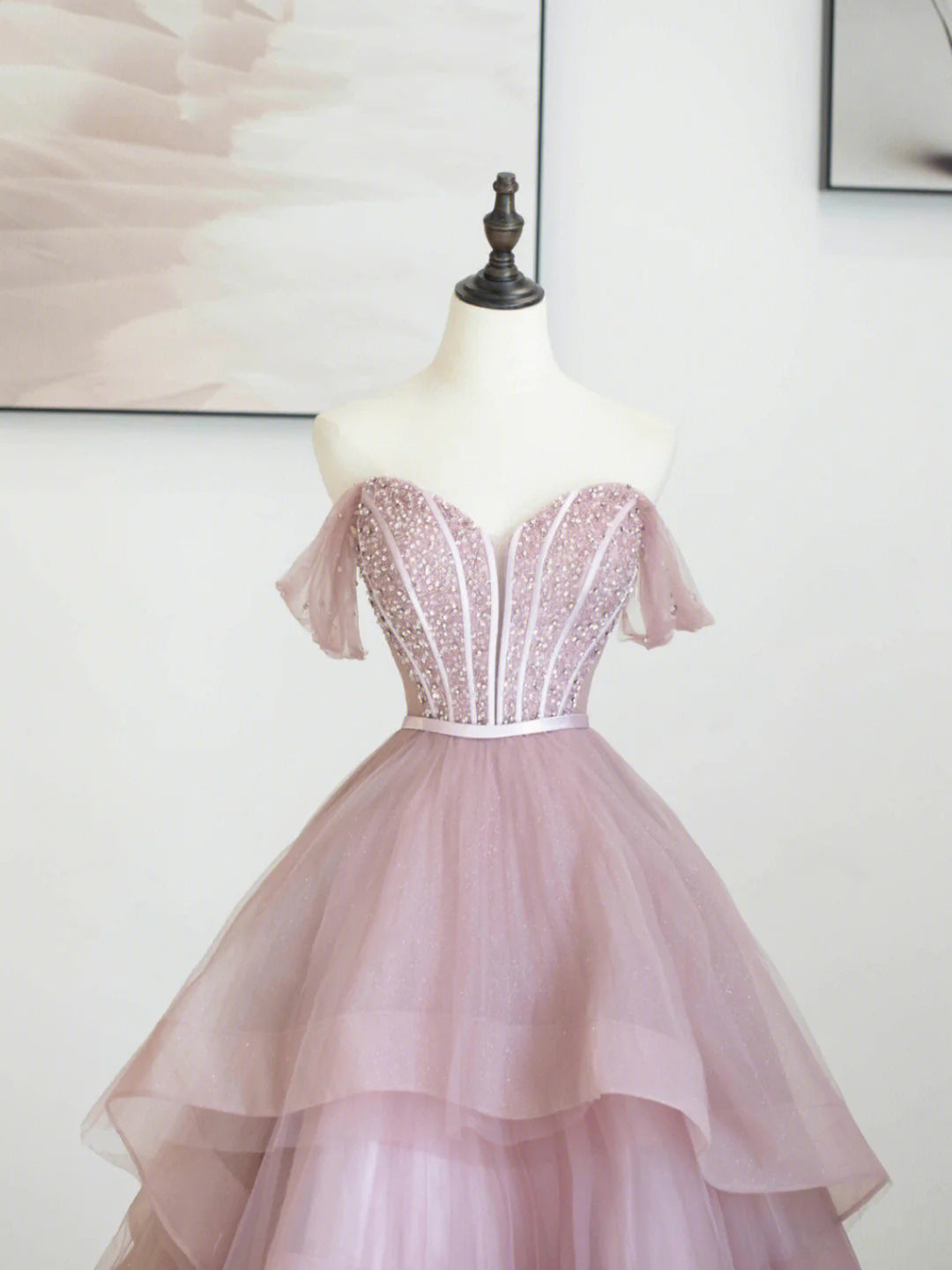 Pink Off Shoulder Tulle Sequins Long Prom Dress