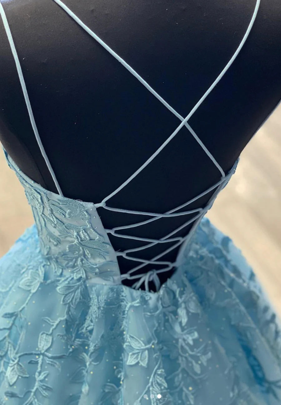 A-Line Formal Blue Lace Long Prom Dresses