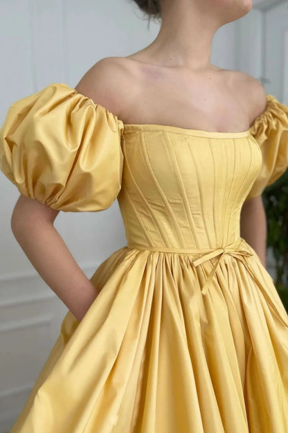 A-Line Off the Shoulder Yellow Satin Long Prom Dresses