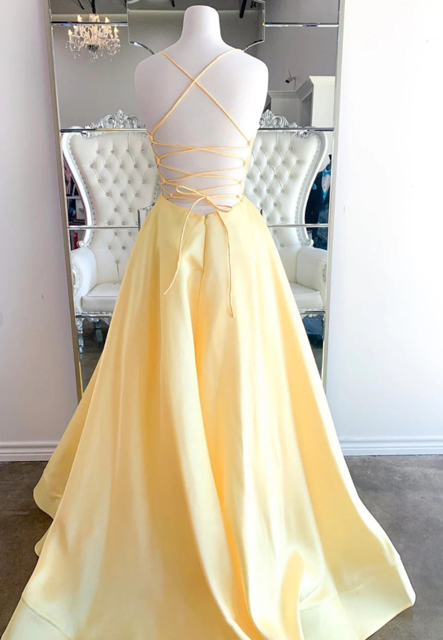 A-Line Backless Yellow Satin Long Prom Dresses