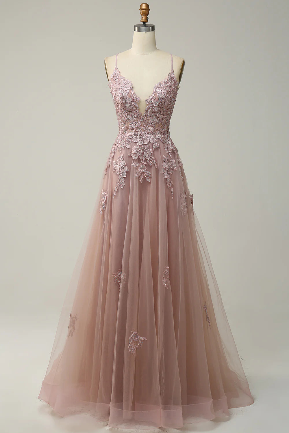 Spaghetti Straps Appliques Tulle Prom Dress